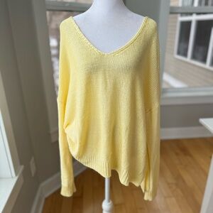 Ava Lane Boutique Butter Yellow Cotton V Neck Off the Shoulder Sweater M-L